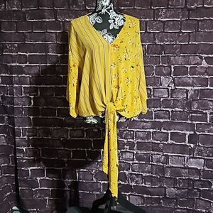 Polly & Esther Yellow Cottage Core Floral Bohemian Tie Front CLEARANCE